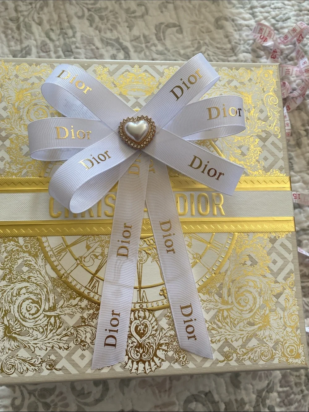 Dior White Ribbon Bow with Gold Logo and Pearl Heart Center Hairclip